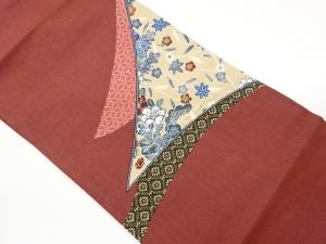 手織り紬切り嵌め刺し子花々に紅葉・麻の葉模様織出し名古屋帯